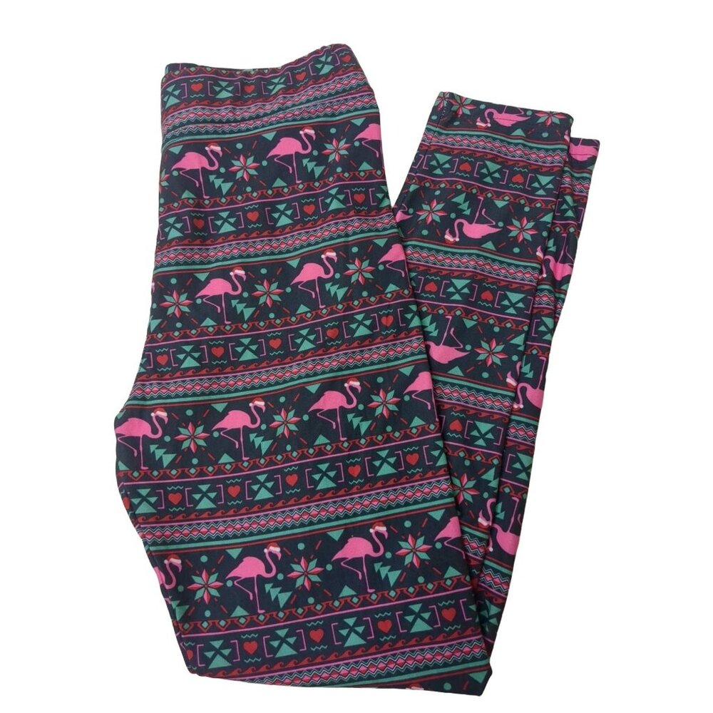 Simply Southern Christmas Flamingo Leggings Womens XS S M Blue Pink Holiday
